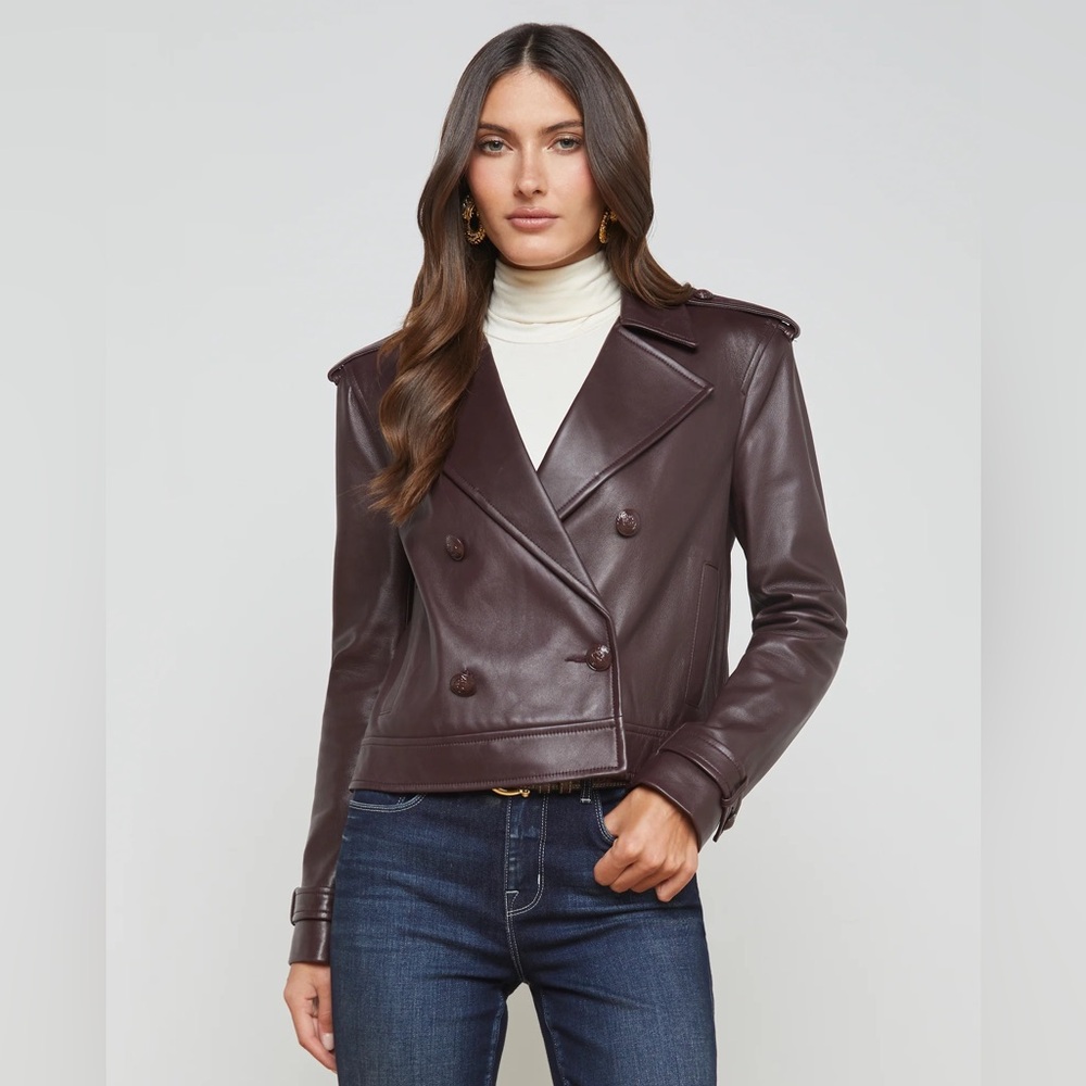 L’AGENCE Xoey Cropped Leather Trench Coat in Dark Syrah